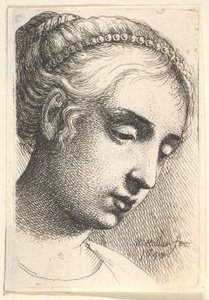 Nő gyöngysorral a hajában, és lefelé néz, jobbra, 1645. alkotó: Wenceslaus Hollar