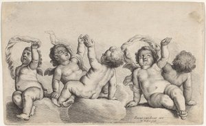 Három kerub és két fiú, akik egy karját emelik a felhőkön alkotó: Wenceslaus Hollar, after Peeter van Avont