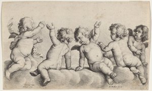 Három kerub és két fiú a felhőkön alkotó: Wenceslaus Hollar, after Peeter van Avont
