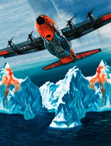 Egy Lockheed Hercules járőrözik a jéghegyeknél a parti őrség számára.
