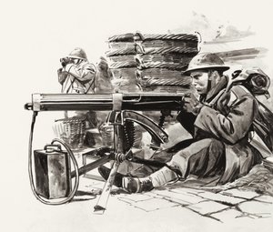 Brit géppuskás várakozik a németekre Dunkerque előtt (gouache, papír) alkotó: Wilf (20th century) Hardy