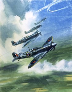 A Kanadai Királyi Légierő 416. századának járőröző repülőgépe, Spitfire Mark 9-esek (gouache, papír) alkotó: Wilf (20th century) Hardy