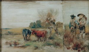 Dupla kép: tehenek a legelőn, két gazda beszélget alkotó: Wilhelm Busch