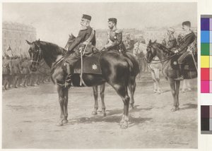 I. Ferenc József császár és II. Miklós cár a szentpétervári Champ-de-Mars-on tartott felvonuláson. alkotó: Wilhelm Gause