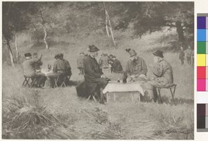 Vadászparti - Ferenc József császár Leopold bajor herceggel és IV. Ferdinánd toszkánai nagyherceggel egy asztalnál alkotó: Wilhelm Gause