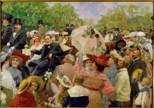 Karl Lueger, Bécs főpolgármestere a bécsi Práterben tartott virágkoszorún a hintóján ... alkotó: Wilhelm Gause