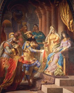 Gudrun beleegyezik, hogy feleségül vegye Attilát, a hunok királyát, a Gudrun Saga, Felső terem, 1883-84 körül (falfestmény)
