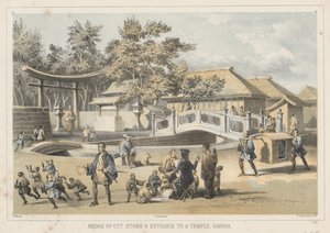 Vágott kő hídja és a templom bejárata, Simoda, 1855 alkotó: Wilhelm Joseph Heine
