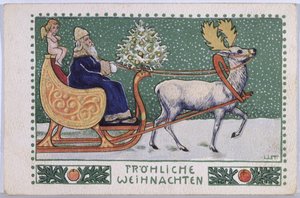 Karácsonyi Mikulást a szánon ábrázoló képeslap, 1910 körül