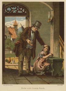 Apa vigasztalja lányát, miután elszenvedte a kutya ugratásának következményeit (színes litho)
