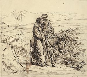 Az irgalmas szamaritánus kíséri a sebesültet alkotó: Wilhelm Marstrand