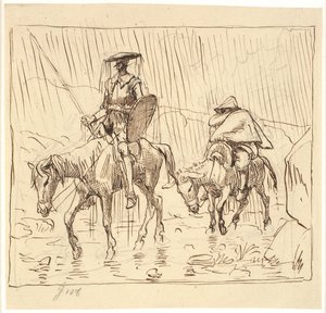 Don Quijote és Sancho Panza zuhogó esőben lovagol