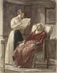 Egy fiatal lány hangosan felolvas egy levelet egy piros ruhás kabátos öregembernek alkotó: Wilhelm Marstrand