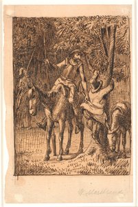 A Tükörlovaggal való küzdelem előtt Don Quijote felsegíti Sancho Panzát egy fára alkotó: Wilhelm Marstrand