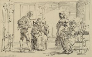 Belső, ahol egy fiatalember magyaráz valamit egy ülő szerzetesnek, pl. síró lány és öreg feleség alkotó: Wilhelm Marstrand