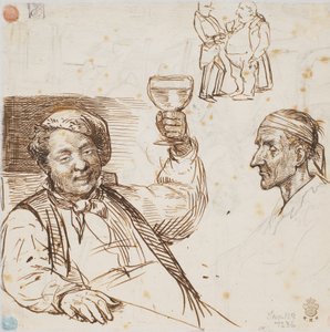 Férfi pohárral, férfifej és két beszélgető férfi alkotó: Wilhelm Marstrand