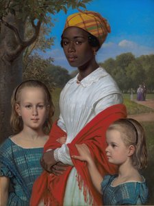 Otto Marstrand két lányának és nyugat-indiai dadájának, Justina Antoine-nak portréja a Frederiksberg Gardensben Koppenhága közelében