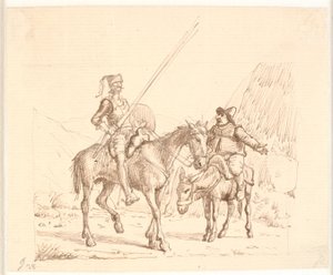 Sancho a szamáron magyaráz valamit Don Quijotének