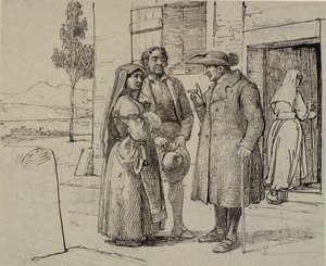 Egy házon kívül egy pap int egy fiatal házaspárt alkotó: Wilhelm Marstrand
