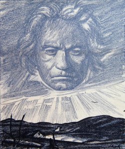 Tisztelgés Beethoven géniuszának, illusztráció a „Simplicissimus” magazinból, München 1920 (litho)