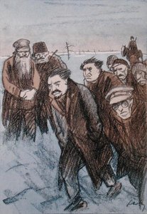 Leon Trockij (1879-1940) karikatúrája Szibériában, a Simplicissimus magazinból, 1928. január (színes litó)