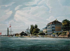 Bellevue Hotel és Panzió a Lac de Thoune-on, Bodmer metszetével (színes litó) alkotó: Wilhelm Ulrich Oppermann