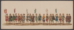 1862. évi delfti felvonulás, ötödik csoport A delfti Királyi Akadémia negyedik Lustrumja - Ao. 1862 - Costumed Optogt (sorozat címe a tárgyon) alkotó: Willem Bernardus IJzerdraat