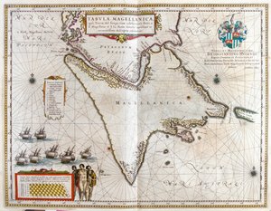 Argentína, Chile, Magellán-szoros, Fuego földje, Willem Blaeu "Theatrum Orbis Terrarum, sive Atlas Novus" című művében, Amszterdam. alkotó: Willem Blaeu