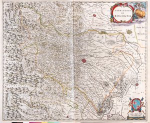 Bologna, Olaszország, az amszterdami Willem Blaeu "Theatrum Orbis Terrarum, sive Atlas Novus"-ban. alkotó: Willem Blaeu