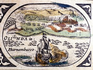 Brazília, kilátás Pernambucora (Recife), W. G. Blaeu atlasza, Amszterdam 1600. alkotó: Willem Blaeu