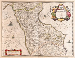 Calabria, Olaszország, az amszterdami Willem Blaeu "Theatrum Orbis Terrarum, sive Atlas Novus" című művében. alkotó: Willem Blaeu