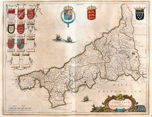 Cornwall, a Willem Blaeu által készített "Theatrum Orbis Terrarum, sive Atlas Novus" című könyvben, Amszterdam. alkotó: Willem Blaeu