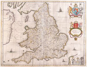 Anglia, a Willem Blaeu által készített "Theatrum Orbis Terrarum, sive Atlas Novus"-ban (Amszterdam). alkotó: Willem Blaeu