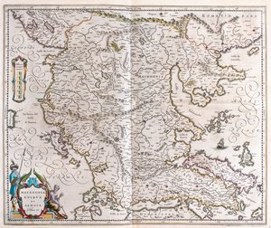 Görögország, Macedónia, Albánia, a Willem Blaeu által készített "Theatrum Orbis Terrarum, sive Atlas Novus"-ban (Amszterdam). alkotó: Willem Blaeu