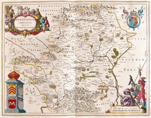 Hertford shire, a Willem Blaeu által készített "Theatrum Orbis Terrarum, sive Atlas Novus"-ban (Amszterdam). alkotó: Willem Blaeu