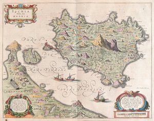Ischia szigete, Olaszország, Willem Blaeu "Theatrum Orbis Terrarum, sive Atlas Novus" című művében, Amszterdam. alkotó: Willem Blaeu