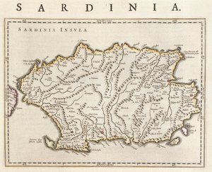 Szardínia szigete, Olaszország, Willem Blaeu "Theatrum Orbis Terrarum, sive Atlas Novus" című művében, Amszterdam. alkotó: Willem Blaeu