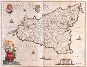 Szicília szigete, Olaszország, Willem Blaeu "Theatrum Orbis Terrarum, sive Atlas Novus" című művében, Amszterdam. alkotó: Willem Blaeu