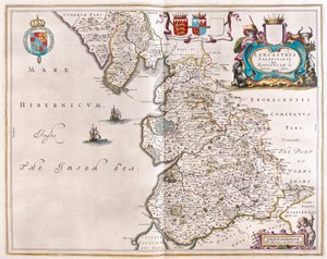 Lancaster és Lancastshire, a Willem Blaeu által készített "Theatrum Orbis Terrarum, sive Atlas Novus"-ban (Amszterdam). alkotó: Willem Blaeu