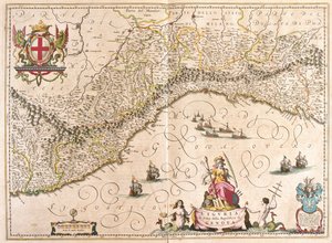 Liguria, Olaszország, az amszterdami Willem Blaeu "Theatrum Orbis Terrarum, sive Atlas Novus" című művében. alkotó: Willem Blaeu