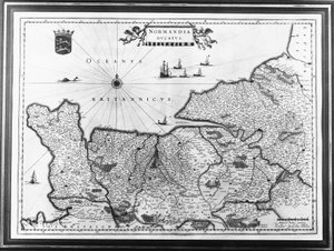 Normandia térképe Willem és Joan Blaeu Theatrum Orbis Terrarum vagy Atlas Novus illusztrációja után, Normandia Ducatust ábrázoló tábla alkotó: Willem Blaeu