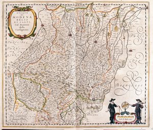 Modena, Reggio Emilia, Carpi, Garfagnana vége, Olaszország, Willem Blaeu, Amszterdam, "Theatrum Orbis Terrarum, sive Atlas Novus" című művében. alkotó: Willem Blaeu