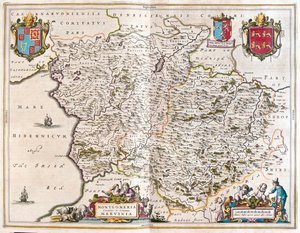 Montgomery és merioneth, Willem Blaeu, Amszterdam, "Theatrum Orbis Terrarum, sive Atlas Novus" című könyvében. alkotó: Willem Blaeu