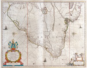 Paraguay, Bolívia, Brazília, Willem Blaeu, Amszterdam, "Theatrum Orbis Terrarum, sive Atlas Novus" című könyvében. alkotó: Willem Blaeu
