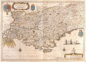 Provence, a Willem Blaeu által készített "Theatrum Orbis Terrarum, sive Atlas Novus"-ban (Amszterdam). alkotó: Willem Blaeu