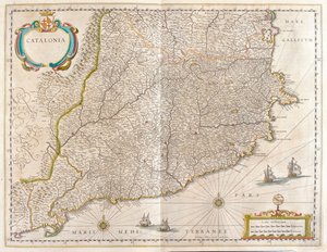 Katalónia tartomány, Spanyolország, az amszterdami Willem Blaeu "Theatrum Orbis Terrarum, sive Atlas Novus" című művében. alkotó: Willem Blaeu