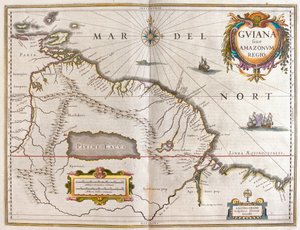 Orinoco folyó, Rio Amazzonas, Venezuela, Északkelet-Brasile, Willem Blaeu, Amszterdam, "Theatrum Orbis Terrarum, sive Atlas Novus" című művében. alkotó: Willem Blaeu