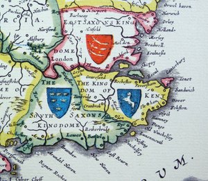 Sussex, Kent és Essex pajzsai a Heptarchiából; a késő ókorban és a kora középkorban Dél-, Kelet- és Közép-Anglia angolszász királyságaira alkalmazott gyűjtőnév. alkotó: Willem Blaeu