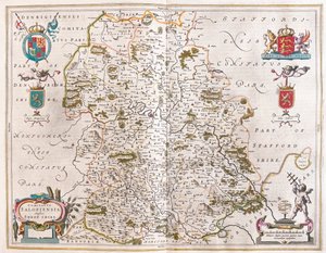 Shropshire, a Willem Blaeu által készített "Theatrum Orbis Terrarum, sive Atlas Novus"-ban (Amszterdam). alkotó: Willem Blaeu