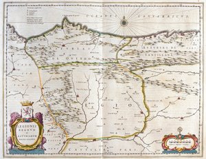 Asztúria, Kasztília és León spanyol tartomány, beleértve Oviedo, León, Santander és Valladolid városokat, Willem Blaeu, Amszterdam, "Theatrum Orbis Terrarum, sive Atlas Novus" című művében. alkotó: Willem Blaeu